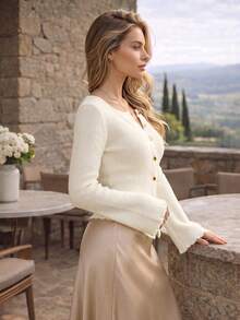 Women Autumn White Ribbed Knit Cropped Cardigan Gold Button Front Round Neck Flare Sleeve Curved Hem Casual Going Out Tops - White - View 3