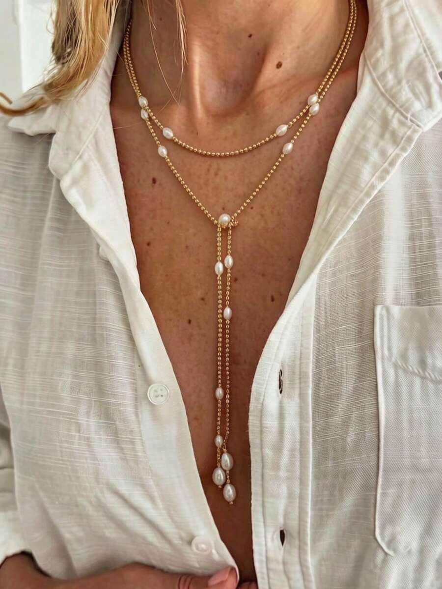 1pc Minimalist Versatile Niche Design Asymmetrical CCB Beaded Adjustable Water Drop Pendant Long Necklace, Fashionable Luxury Silver CCB Beaded Chain With Water Drop Tail Pendant, DIY Layering Long Necklace For Women's Daily And Exclusive Party Wear - Gold - View 1