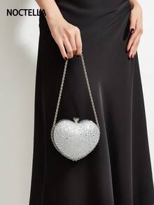Noctella Tas Clutch Wanita Bentuk Hati Perak dengan Hiasan Berlian Imitasi, Tas Malam Kristal Berkilau dengan Tali Rantai, Tas Tangan Pesta Elegan untuk Pernikahan, Prom, Koktail - Perak - View 1