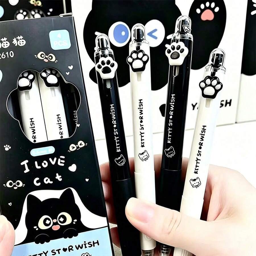 4pcs Funny Black & White Cat Paw Clickable Neutral Pens, INS Style Cute Cat 0.5mm Black Ink Pens, Student Exam Pens, Office Signal, First Day Of School - Black - View 1