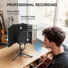Studio Microphone Shield With And Tripod Stand, Foldable Adjustable Recording Studio Equipment, 3-Panel High Density Absorbent Foam Shield With 3/8 Threaded Mount, Black On-Site - 1 - View 3