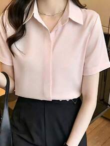 女款休閒日常通勤極簡純色絲綢短袖上衣，帶設計細節，輕盈緞面襯衫，適合夏季 - 淺粉色 - 查看 5