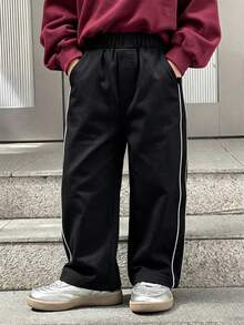 1件男童經典極簡百搭純色側條紋直筒休閒運動長褲 - 黑色 - 查看 7