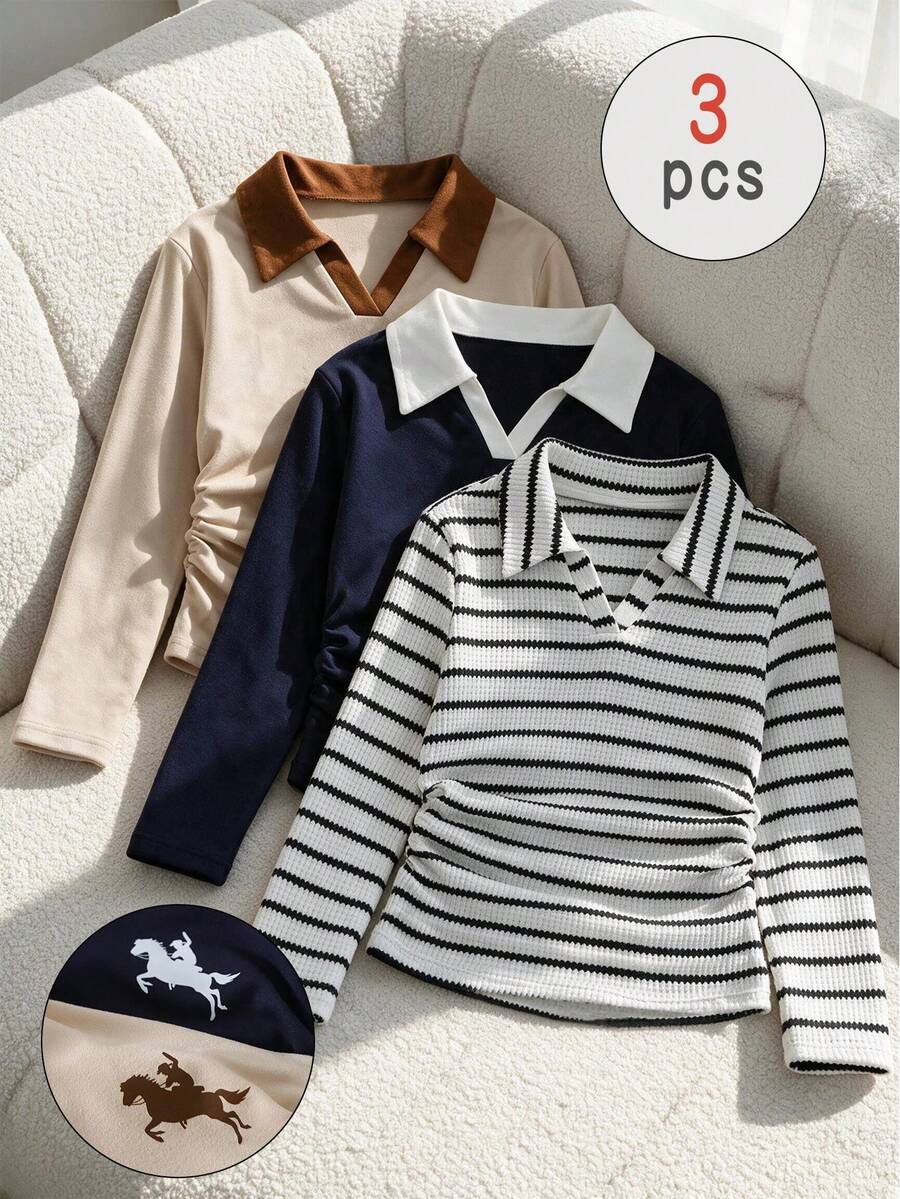 Setelan 3 Potong Kemeja Polo Gaya Preppy untuk Anak Perempuan, Kaos Lengan Panjang Kerah Bergaris & Polos, Pakaian Kasual Lucu untuk Anak Perempuan Remaja Musim Gugur dan Musim Semi - MultiWarna - View 1