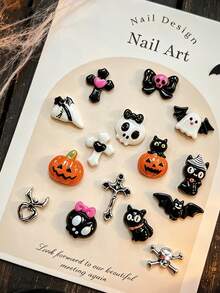 15-Grid Cute & Spooky Halloween Mixed Nail Art Charms, 3D Resin Pumpkin, Ghost, Black Cat, Bat, Bow, Skull & Silver Cross Alloy Nail Studs, Cute Gothic Style Mini Nail Decorations, Holiday DIY Nail Art Supplies - Multicolor - View 6