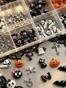 15-Grid Cute & Spooky Halloween Mixed Nail Art Charms, 3D Resin Pumpkin, Ghost, Black Cat, Bat, Bow, Skull & Silver Cross Alloy Nail Studs, Cute Gothic Style Mini Nail Decorations, Holiday DIY Nail Art Supplies - Multicolor - View 5