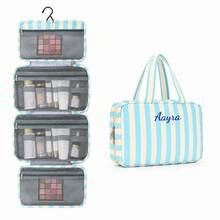 Tas Perlengkapan Mandi Lipat Bergaris yang Dipersonalisasi dengan Gantungan, Tas Kosmetik Portabel Multi-Kompartemen Kapasitas Besar, Hadiah Ideal - MultiWarna - View 21