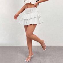 Women's High-Waisted Culottes With Side Drawstring And Tiered Ruffles, 2 Colors Available, Y2K Style Casual Mini Skirt For Summer Vacation And Urban Style. - 白色 - 查看 9