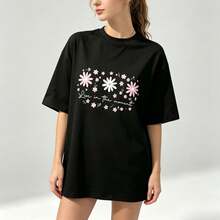Plus-Size Women's Casual Style T Shirt,The Printed Pattern Is Floral And Lettering,Soft Fabric,Loose Design,Round Neck,Short Sleeves,Suitable For Spri - Black - View 2