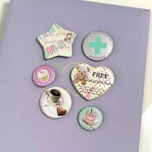 Korean Style Cute Button Pins Set, Bear Dessert Coffee Heart Pattern Badge, Aesthetic Backpack Decor Pins, Back To School Supplies - A - View 1