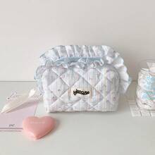 1pc Sweet Floral Quilted Ruffle Trim Kids Toiletry Makeup Bag, Girl Fabric Quilted Storage Bag, Portable Toiletry Bag, Travel Cosmetic Organizer - Multicolor - View 12