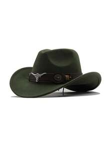1pc Pure Black Faux Wool Western Cowboy Hat With Dark Brown Leather Hat Band, Decorated With Silver Bull Head Badge And Vintage Metal Round Buckle, Black And Brown Contrast Cool Style, Shapeable Wide Brim, Outdoor Travel Photography Western Style Versatile Sun Protection Hat, Unisex - Top Hat - View 9