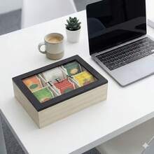 1pc Wooden Tea Box, Multiple Sizes Available, Tea Bag Compartment Storage Box, Coffee Bag Multi-Functional Container, With Transparent Flip Lid Desktop Tea Bag And Tea Leaf Storage Box, 9/4 Compartment Coffee Snack Tea Bag Organizer Box, Candy Storage Container, Creative Home Decor, Wooden Storage Box With Transparent Glass Lid, Black/White - Multicolor - View 4