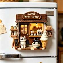 Cat Lotus Coffee House Refrigerator Magnet, 3D Embossed Personalized Cute Creative Gift Decoration Magnetic Souvenir, These Exquisite Fridge Magnets Are Great Creative Gifts, Can Be Used To Decorate Kitchen, Whiteboard, Storage Cabinet, Refrigerator, Also For Home Decor - Style 1 - View 3
