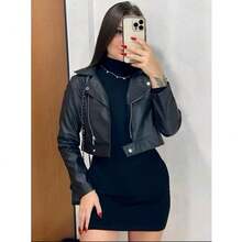 jaqueta Feminina Cropped em Couro  – Moderna e Estilosa Zíper Botão Escritório - Preto - Visão 1