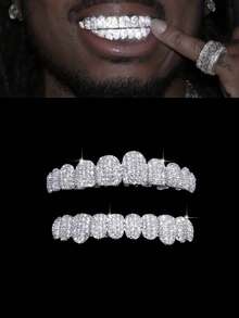 THATBOY 2pcs CZ Grillz Teeth Covers Set, 10 Teeth Coverage, Hip Hop Rapper Cosplay Shiny Punk Teeth Caps, Instant Smile Upgrade, Unisex - Multicolor - View 7