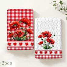 2pcs Red Poppy Kitchen Towels, Plaid And Polka Dot Floral Print With Heart Trim Hand Towels, Suitable For Kitchen, Oven Handles And Farmhouse Home Decor, Machine Washable Holiday Gift And Cleaning Supplies - Multicolor - View 9