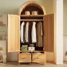 Wardrobe 181x78x45 Cm With Rattan Weave, Country Style In Oak Finish, Open Semi-Circular Shelf, 2 Doors With Magnetic Closure, 2 Drawers, Clothes Rail And Tip-Over Protection - 駝色 - 查看 4