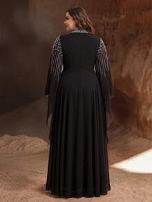 YISIKADO Plus Size Women's Flowy Chiffon Evening Gown, Rhinestone Embellished, High Neck Bell Sleeve Maxi Dress, Suitable For Prom, Wedding Guest - Black - View 3