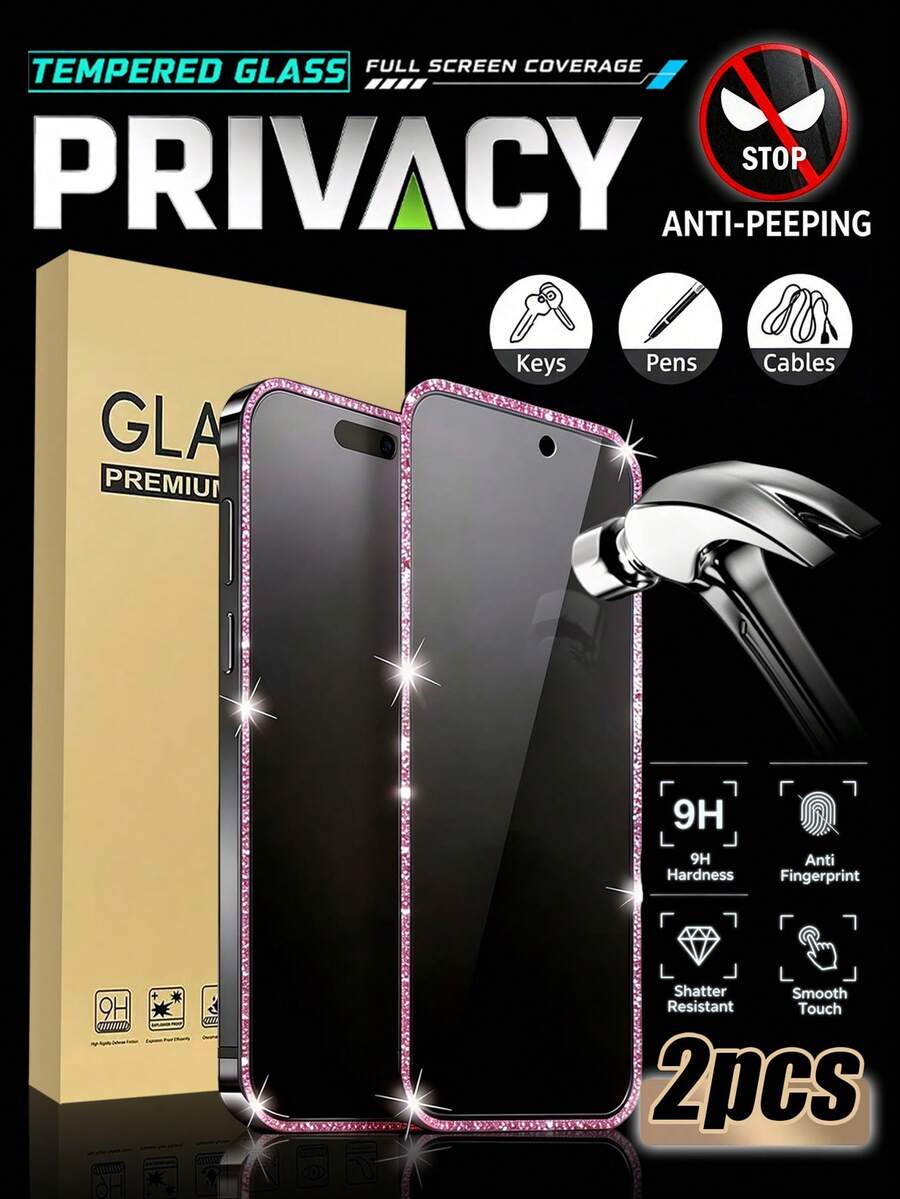 MSRI 2pcs, Pink Glitter Frame Privacy Tempered Glass Screen Protector, 9H Hardness, Anti-Peeping, Precise Fit, Suitable For Phone Cases, Fashionable Phone Accessory, Full Screen Coverage Phone Screen Protector, Compatible With Iphone Duo/18 Promax/18 Pro/18/17e/17 Pro Max/17 Pro/17Air/17/16 Pro Max/16 Pro/16 Plus/16/15 Pro Max/15//14/13/12 And Other Models. - Black - View 1