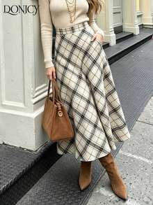 DONICY Women's White Diagonal Plaid High Waist A-Line Midi Skirt, Flowy Hem Long Skirt, Suitable For Spring And Autumn Daily Wear - White - View 8