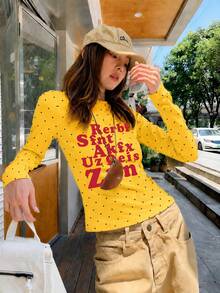 Women's Red Letter Print Fitted Cropped T-Shirt, Niche Polka Dot Design Autumn Round Neck Long Sleeve Base Layer Casual - Yellow - View 4