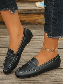 Women's Casual Round Toe Slip-On Loafers, Black Lychee Textured Flat Shoes, Soft Comfortable Easy-On Daily Commute Driving Moccasins - Black Lychee Pattern - View 5