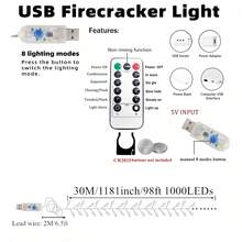 防水節慶鞭炮裝飾燈，8種可調光照明模式，USB供電閃爍裝飾燈，適用慶祝場合 - 銅色 - 查看 8