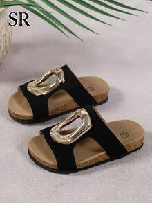 Girls Hollow Metal Buckle Decor Fashion Slippers, Black Classic Versatile Sandals, Daily And Beach Vacation Shoes, 1 Pair - Black - View 5