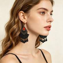 1 paire de nouvelles boucles d'oreilles en dentelle à franges nobles européennes et américaines, boucles d'oreilles pour femmes vintage, bijoux de extérieur - Noir - Voir 5