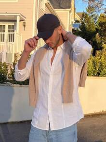 Lookun Men's Casual Shirt Pointed Collar Long Sleeve Slightly Loose British Minimalist White Spring Summer Casual Shirt - White - View 4