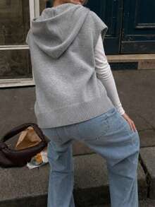 Women's Autumn Hooded Knit Cardigan Vest, Casual Slouchy Jacket, Minimalist Versatile Top - Grey - View 3