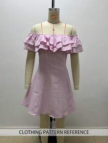 Anyi Women's Plaid Off-Shoulder Mini Dress, A-Line Short Sleeve Woven Pink Summer Babydoll Dress Elegant - Pink - View 3