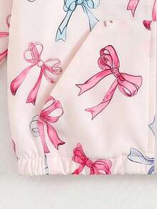 Baby Girl Autumn Thin Bowknot All-Over Print Long Sleeve Hooded Zip-Up Sweatshirt With Pockets Casual Fashion Open Front Sweatshirt Top - Baby Pink - View 8