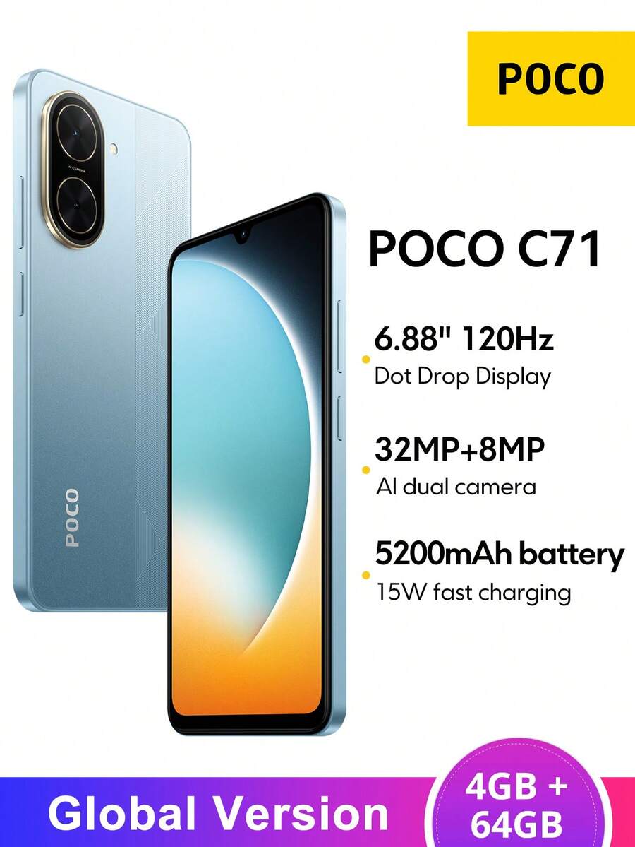 Xiaomi POCO C71 4GB + 64GB 智慧型手機 全球版 UNISOC T7250 處理器 6.88 吋水滴螢幕 最高 120Hz 更新率 32MP 主相機 5200mAh (Typ) 電池 15W 快充 指紋與臉部解鎖,100% 正品 - 藍色 - 查看 1
