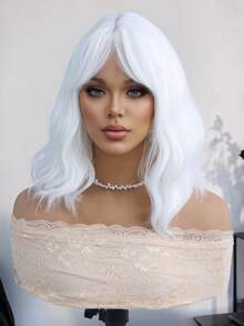 White Wavy Wig With Bangs,Short Curly Bob Wig Shoulder Length 12Inch Synthetic Hair For Women Girl Heat Resistant Synthetic Colorful Wigs For Daily Party Halloween Cosplay Use - Multicolor - View 2