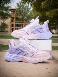 Children's Shoes/Girls' Rotating Button Fashion Casual Shoes/Girls' Pink Gradient Breathable Mesh Thick Sole Campus Running Sports Shoes - Pink and Purple - View 3