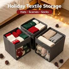 1pc Square Foldable Christmas Storage Cube Bin With Clear Front Visible Window Fabric Holiday Organizer Basket For Xmas Ornaments Ribbons Baking Supplies Party Props Kids Toys Books Media Discs - Multicolor - View 9