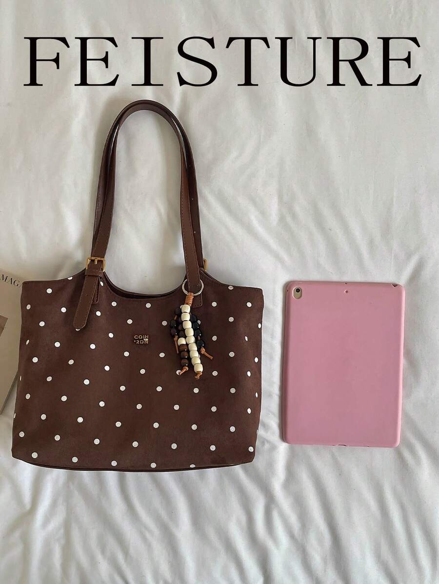 Large Capacity Polka Dot Print Shoulder Bag, Fashion Tote Bag With Pendant, Suitable For Daily Outings, Dates, Commuting
