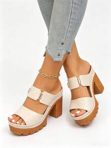 Women's High Heel Sandals Solid Color Hook & Loop Plus Size Wide Fit Lightweight Comfortable Chunky Heel Casual Commute Slip-On Sandals Slides Minimalist Summer Beach Style Slip-On Slides - Apricot - View 5