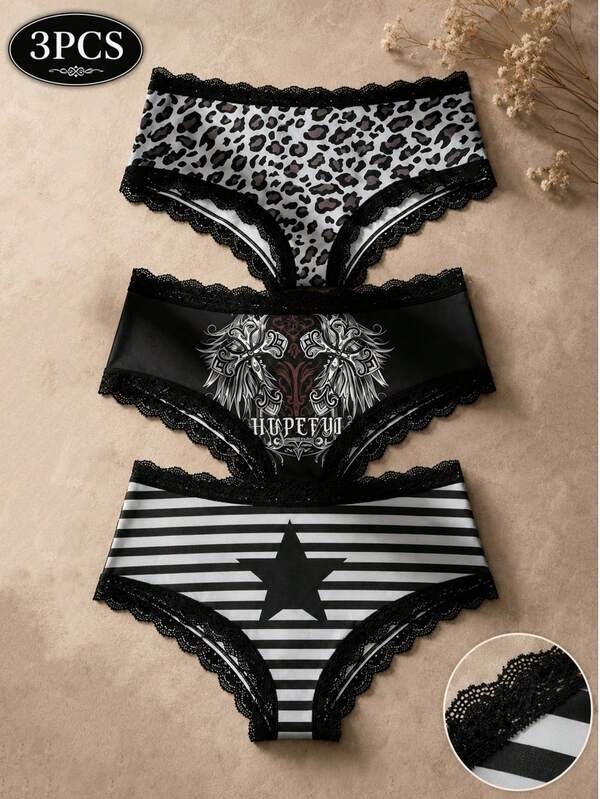 3pcs Y2K Gothic Style Women's Lace Panties With Cross, Leopard, Stripe, Star Print, Mid-Waist Design, Soft Skin-Friendly Triangle Panties