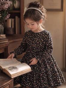 BASUSARRI Young Girls Floral Country Style Sweet Simple Cute Long Sleeve Dress Autumn/Winter - Black - View 2