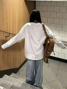 Lazy Casual Long Sleeve T-Shirt, Colorful Star Print, Autumn Street American Design Crew Neck Top White - White - View 3