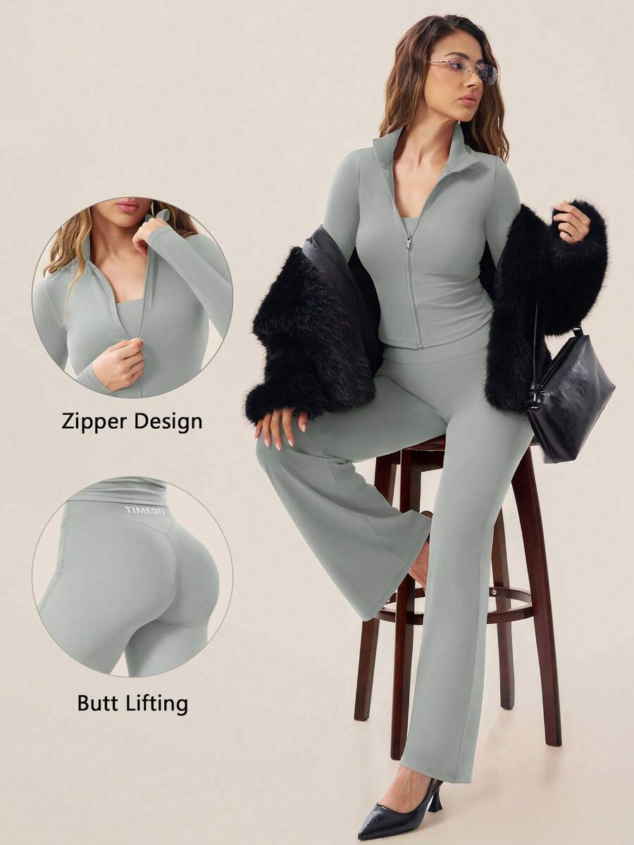 TimeOff Setelan Satu Set Wanita Musim Gugur/Dingin, Jaket Kerah Tegak Warna Polos & Celana Panjang Pinggang Tinggi Potongan Lurus Lebar - Grey - View 1