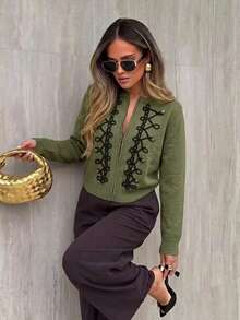 Women's Vintage Frog Button Zipper Knit Cardigan, European Style Round Neck Long Sleeve Short Jacket, Autumn/Winter Casual Versatile Knit Sweater Fall - Army Green - View 7
