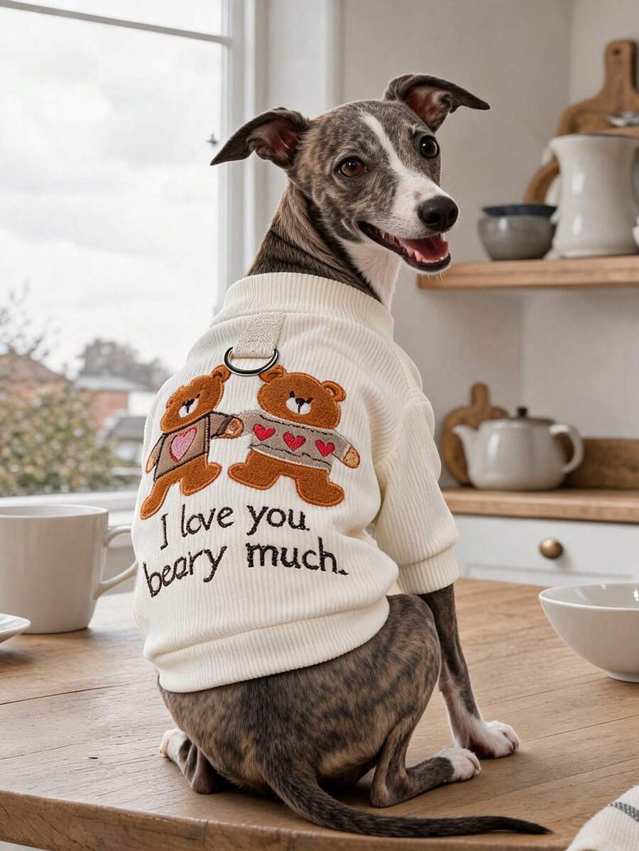 PETCIRCLE 1件裝寵物衣 小狗幼犬貓用 可愛寵物秋冬款 簡約純色百搭 防風保暖 字母刺繡奶油白熊圓領毛衣 - 彩色 - 查看 1