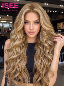 ISEE Hair Wear Go 無膠波浪假髮 6x4 HD蕾絲封口假髮，金色與金棕色挑染，22-28英吋，180%密度，預剪蕾絲與預拔髮際線，女款日常佩戴 - S4/27/613 - 查看 2