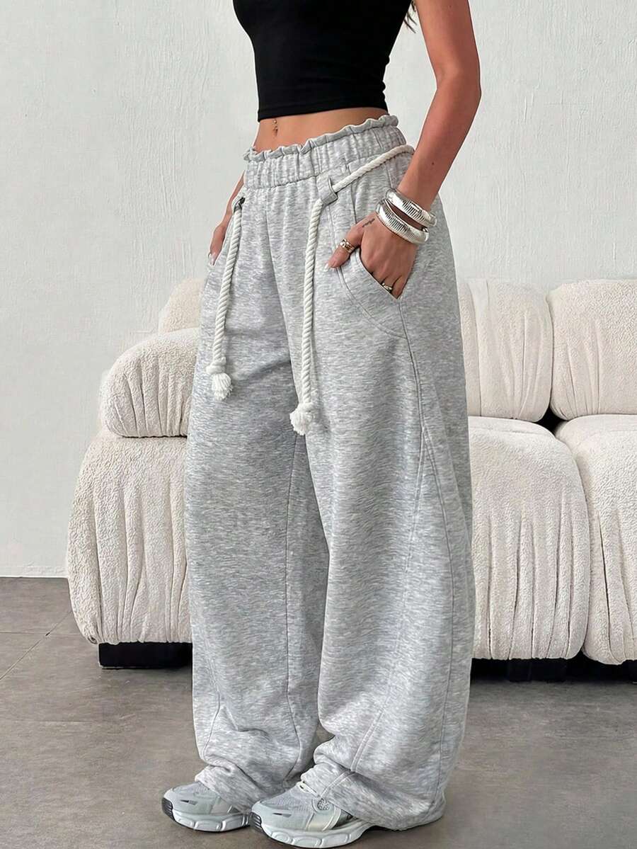 Women's High Waist Casual Wide Leg Jogger Pants With Faux Pockets And Long Drawstring Design - Grey - View 1