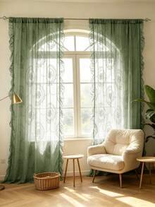 1pc Vintage Floral Lace Sheer Curtain, Retro Style Lightweight Long Pleated Ruffle Soft Light Gauze Curtain, Suitable For Home Decor All Seasons - Green - View 9