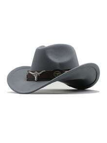 1pc Pure Black Faux Wool Western Cowboy Hat With Dark Brown Leather Hat Band, Decorated With Silver Bull Head Badge And Vintage Metal Round Buckle, Black And Brown Contrast Cool Style, Shapeable Wide Brim, Outdoor Travel Photography Western Style Versatile Sun Protection Hat, Unisex - Top Hat - View 18